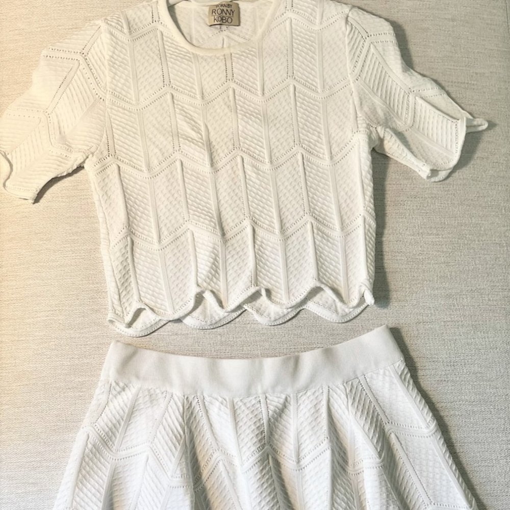 Torn by Ronny Kobo Crop Top w/Skirt Set in White Size Small